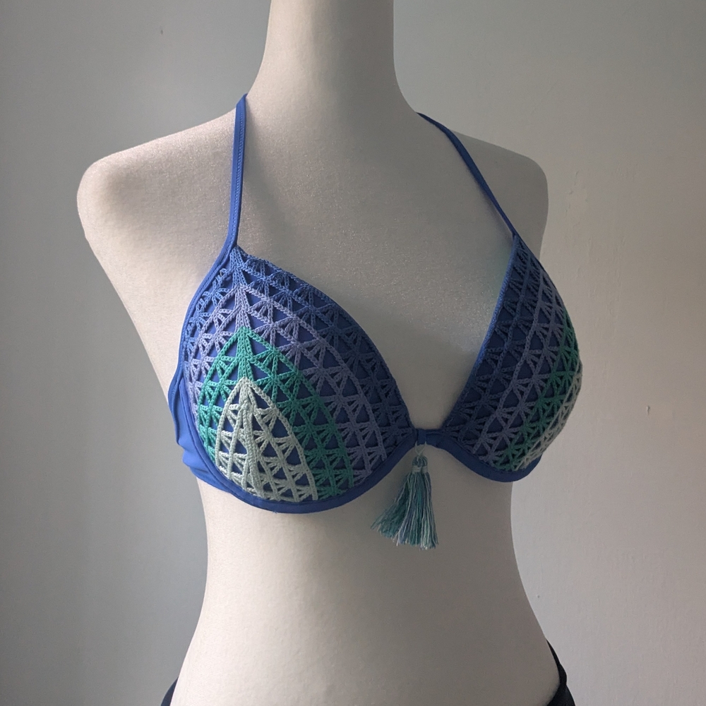 Shade & Shore Boho Crocheted With Tassel Bikini Top In Blue Size 34 C
